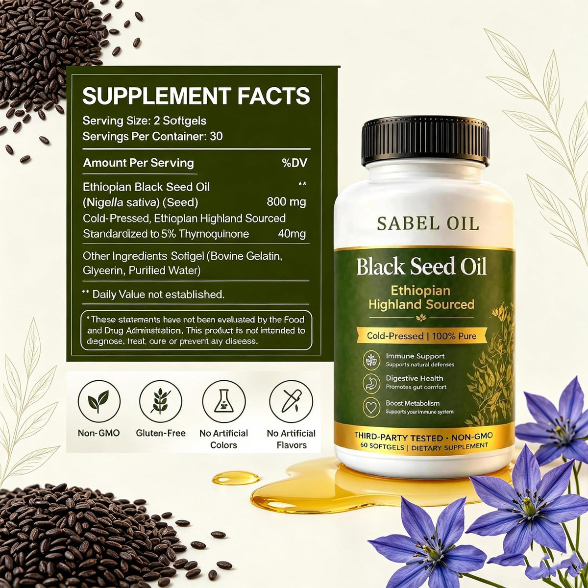 Emballage de l'huile de graines noires Sabel Oil avec étiquette visible