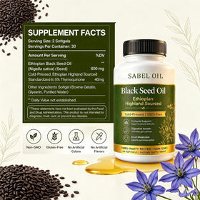 Emballage de l'huile de graines noires Sabel Oil avec étiquette visible