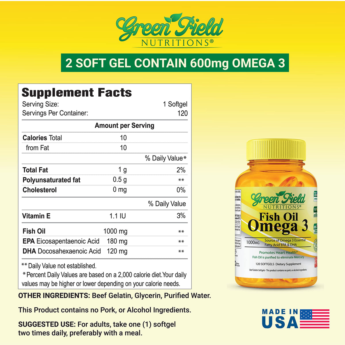 Emballage de l'Huile de Poisson Halal 1000mg GREEN FIELD NUTRITIONS