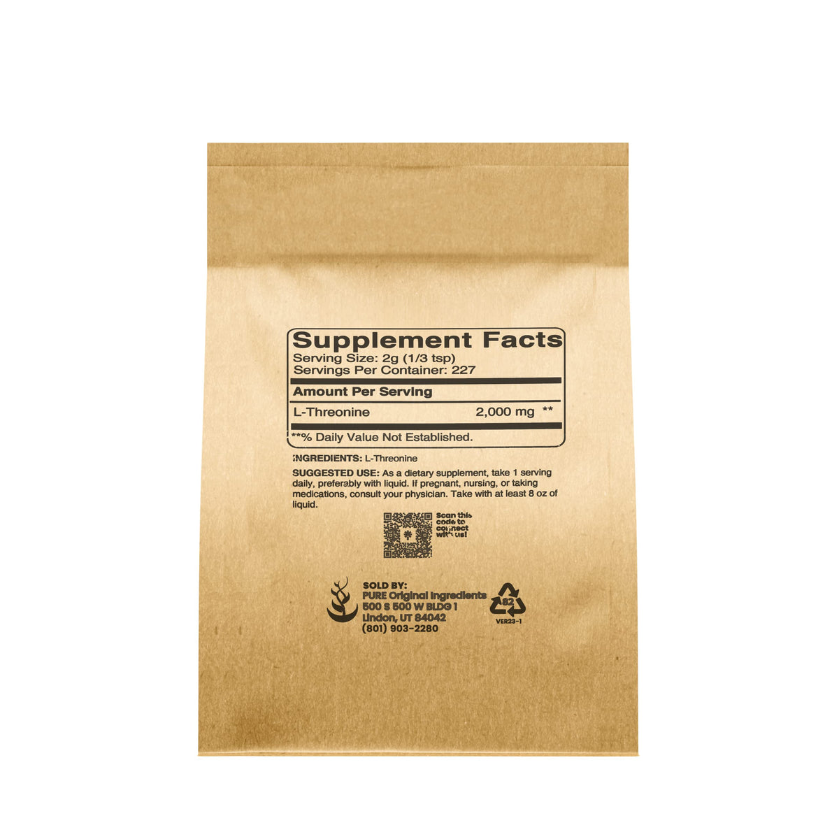 Emballage de L-Threonine PURE ORIGINAL INGREDIENTS avec informations nutritionnelles