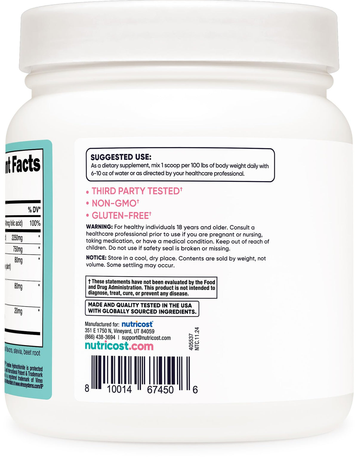 Emballage de la créatine monohydrate Nutricost 649g