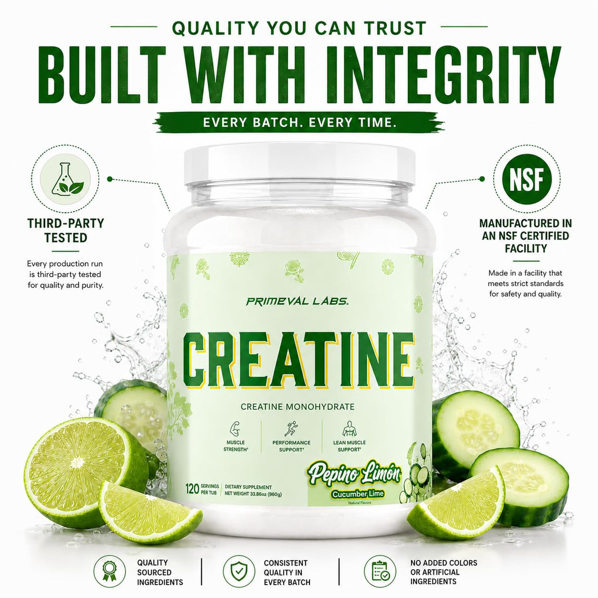Emballage de la créatine monohydrate Primeval Labs avec étiquette