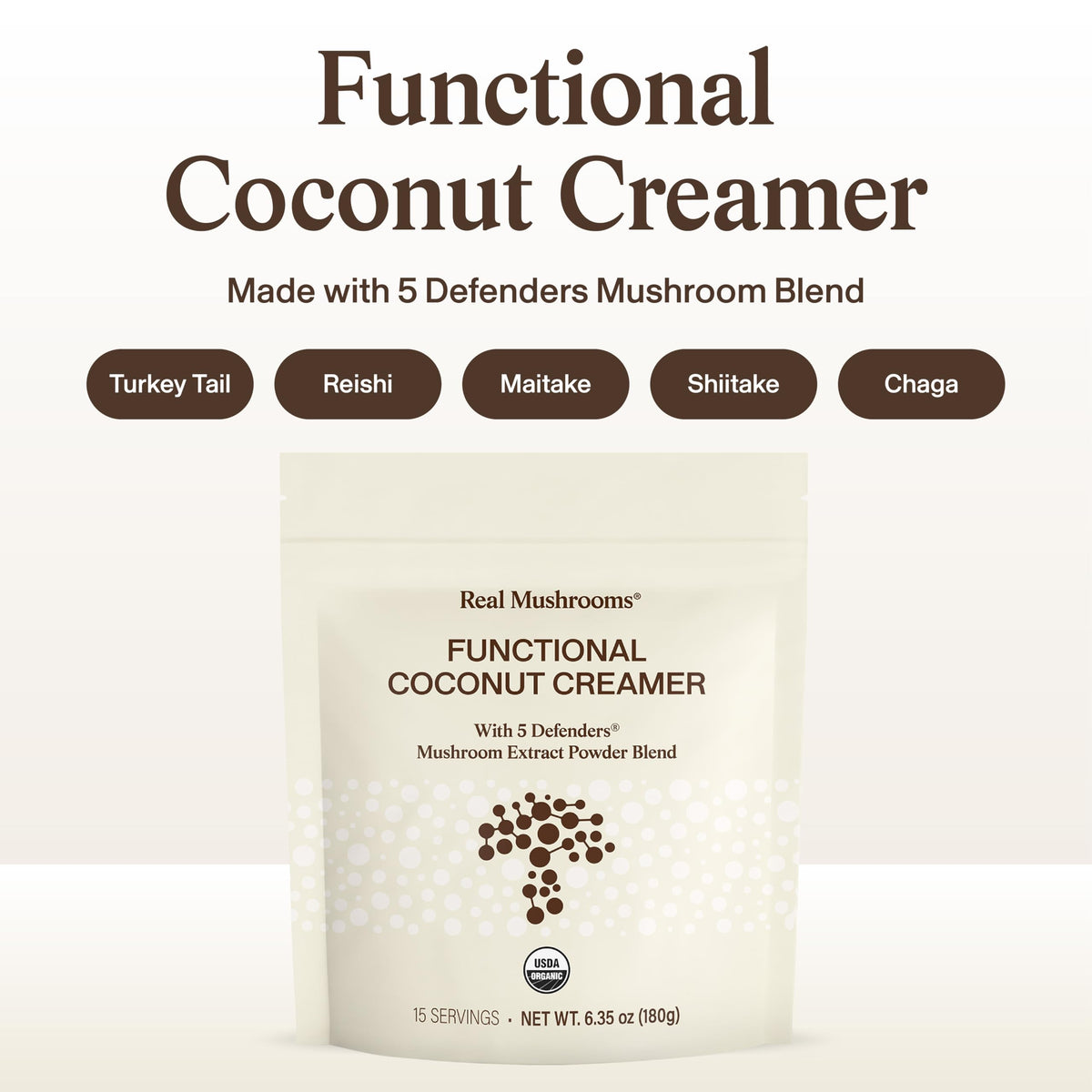 Emballage de la crème de coco Real Mushrooms avec ingrédients