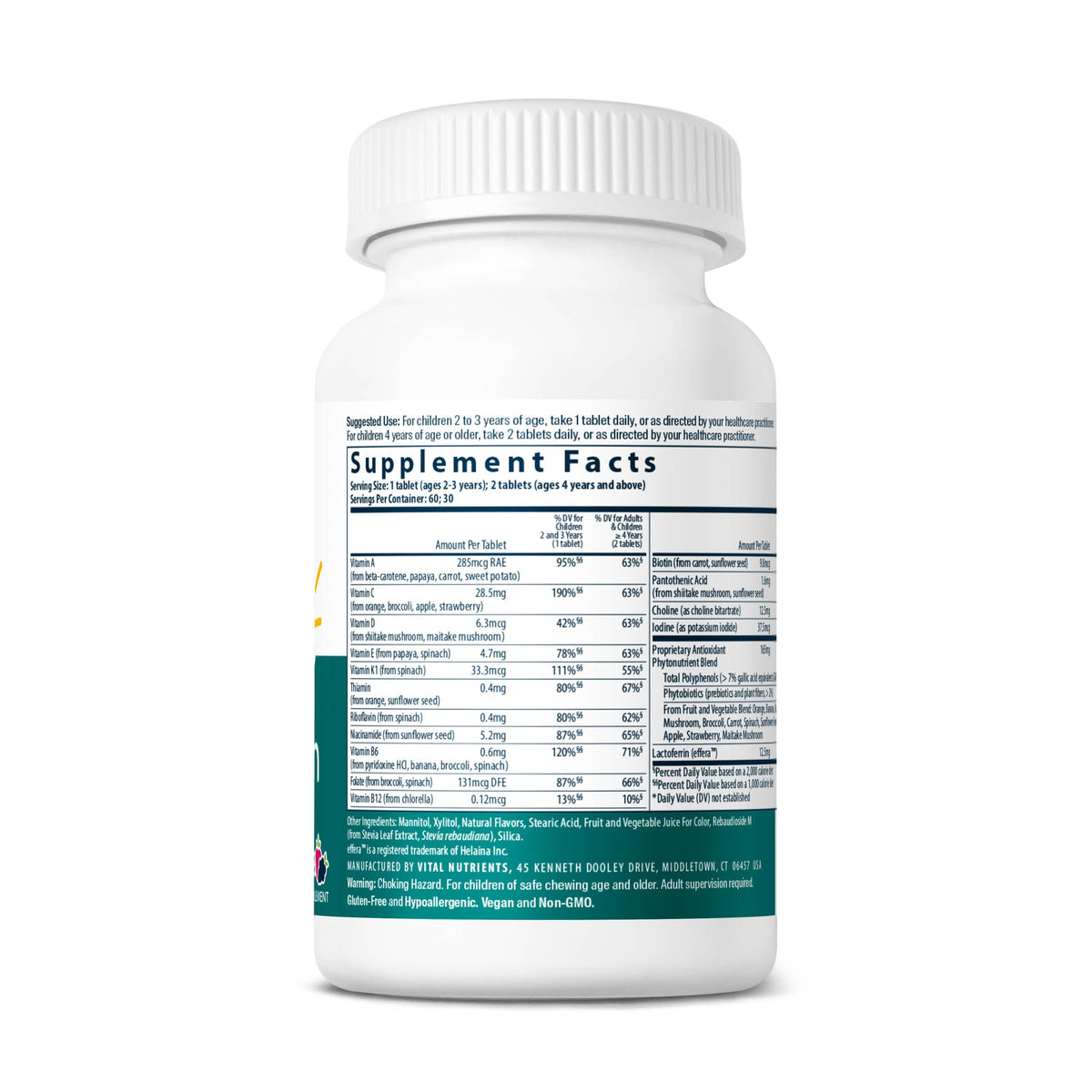 Emballage de la multivitamine sans fer Vital Nutrients, vue latérale