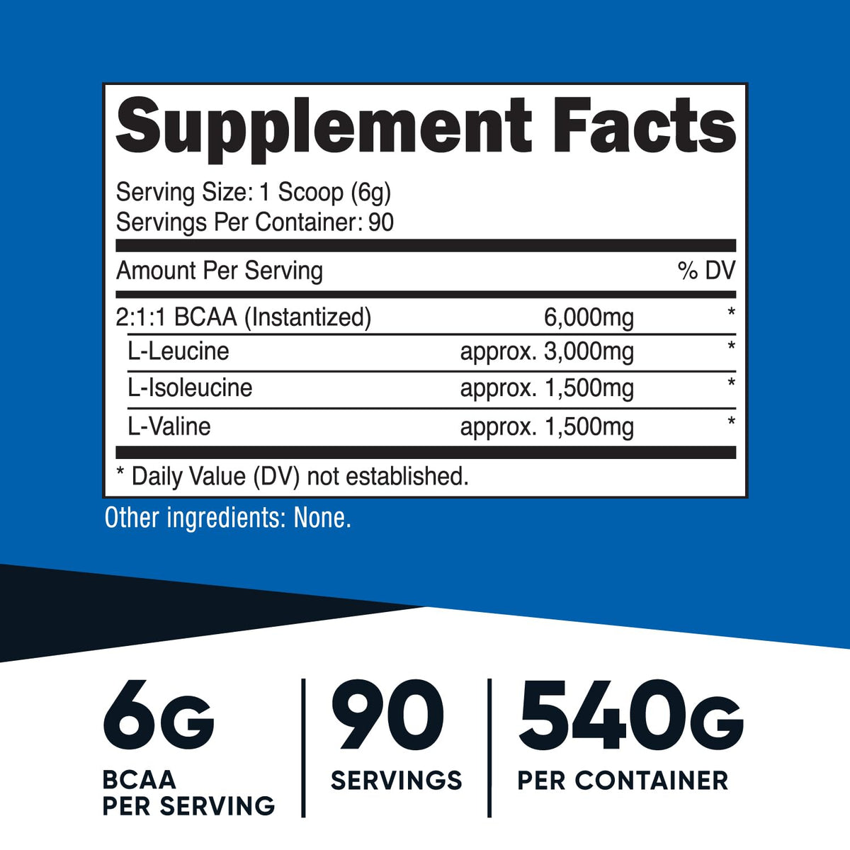 Emballage de la poudre BCAA Nutricost 2:1:1 630g avec accessoires