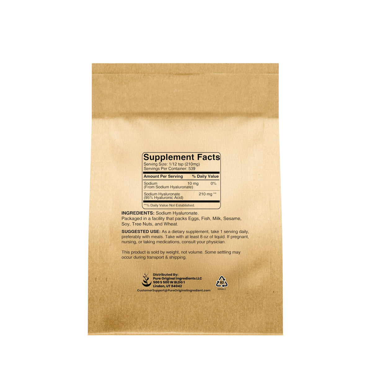 Emballage de la poudre d'acide hyaluronique PURE ORIGINAL INGREDIENTS