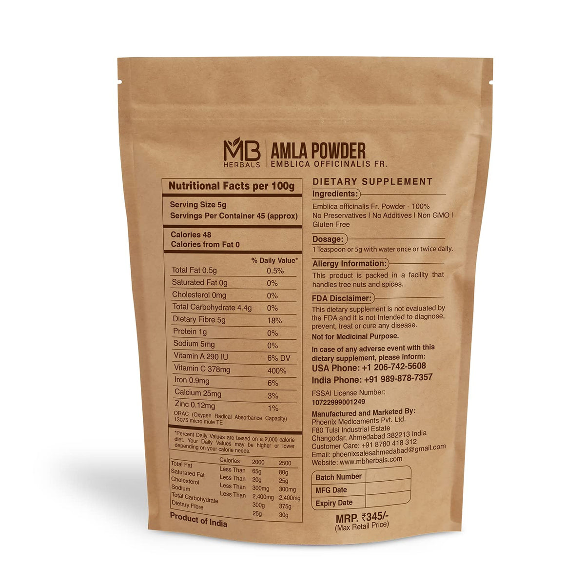 Emballage de la poudre d'Amla désemoulue MB Herbals 227g