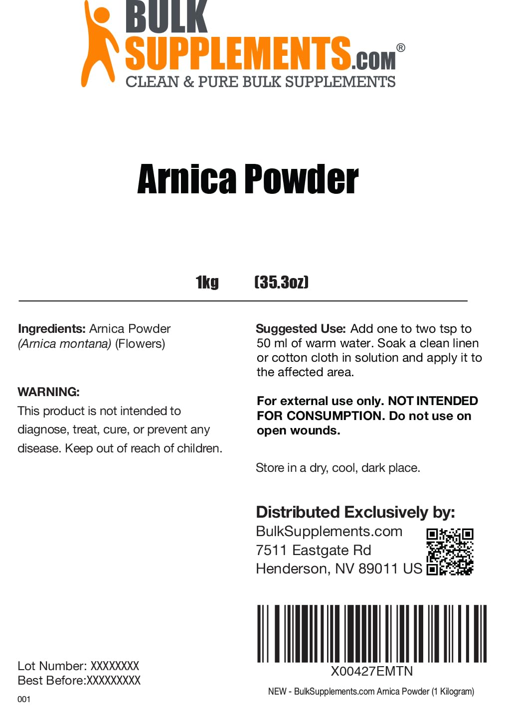 Emballage de la Poudre d'Arnica Montana BulkSupplements 1kg