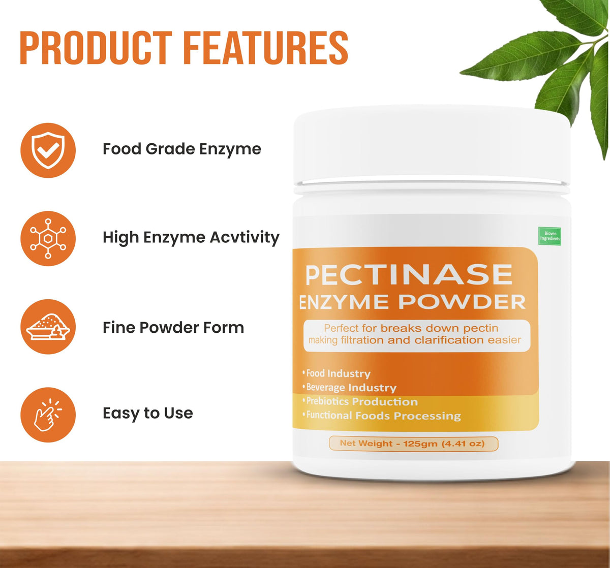 Emballage de la poudre d'enzyme pectinase 125g sur une table
