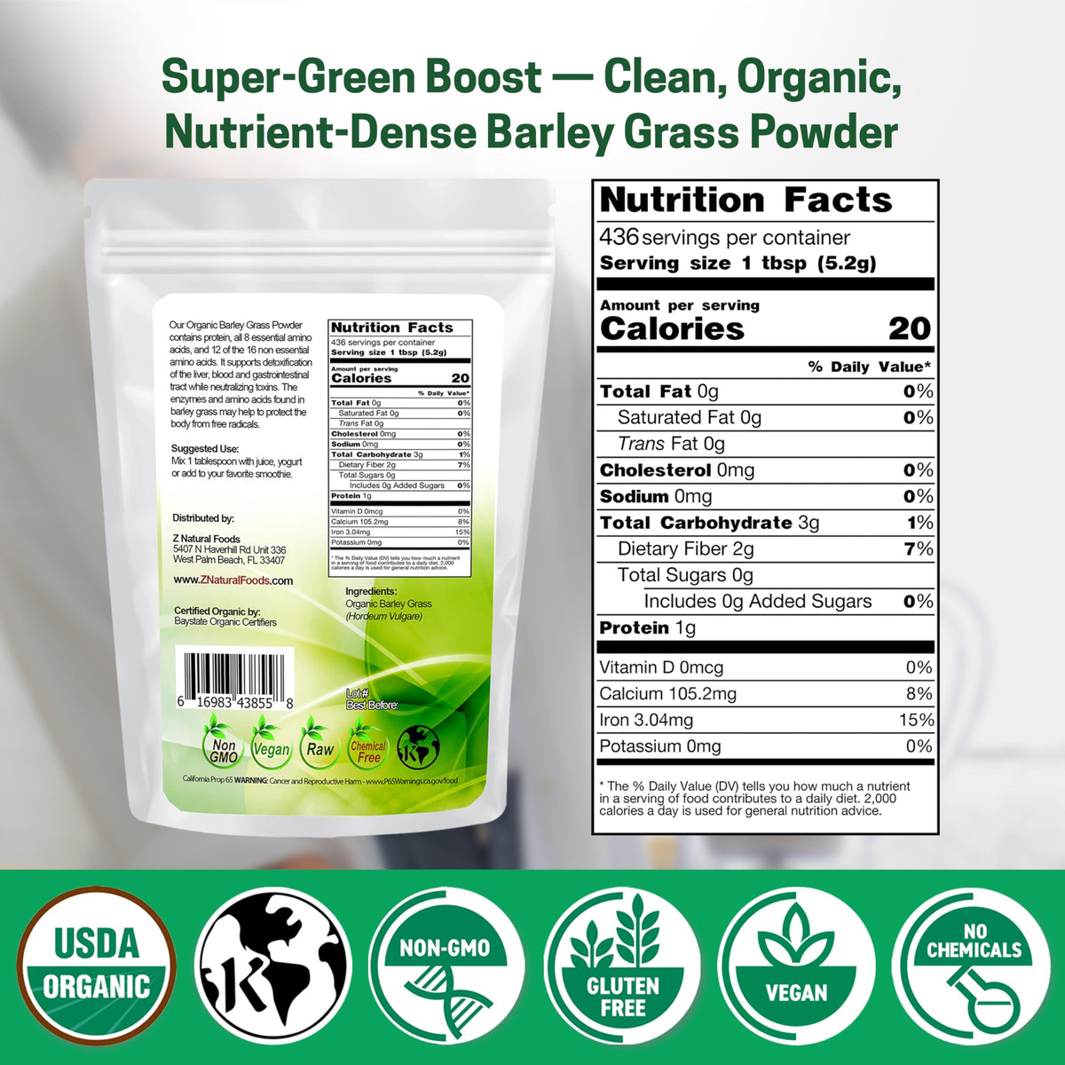 Emballage de la poudre d'herbe d'orge bio Z Natural Foods