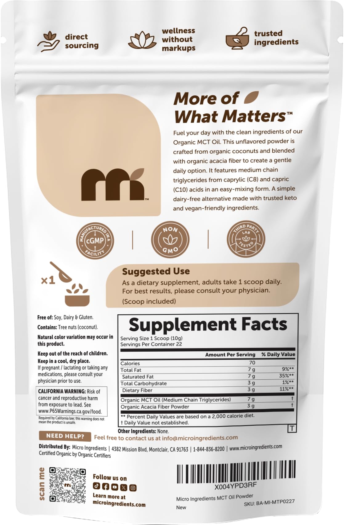 Emballage de la Poudre d'Huile MCT Bio Micro Ingredients