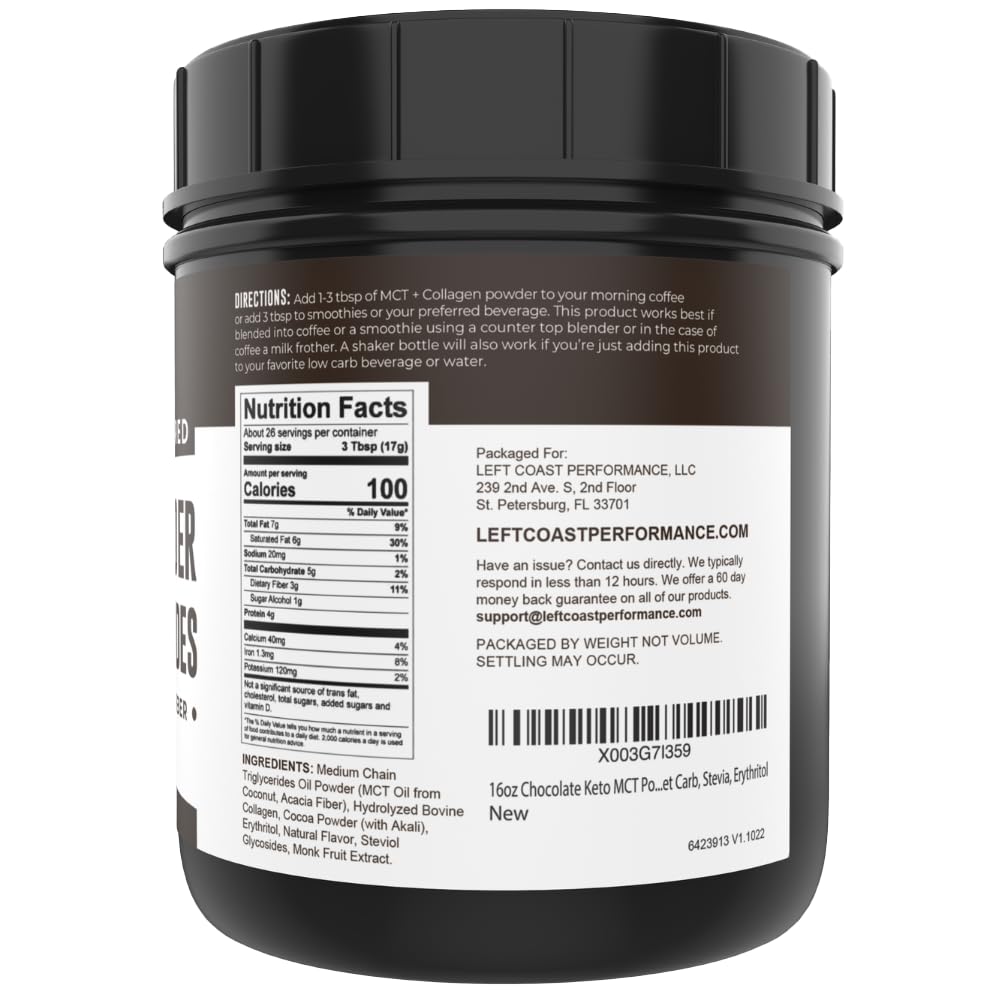 Emballage de la Poudre d'Huile MCT Chocolat 572g de Left Coast Performance