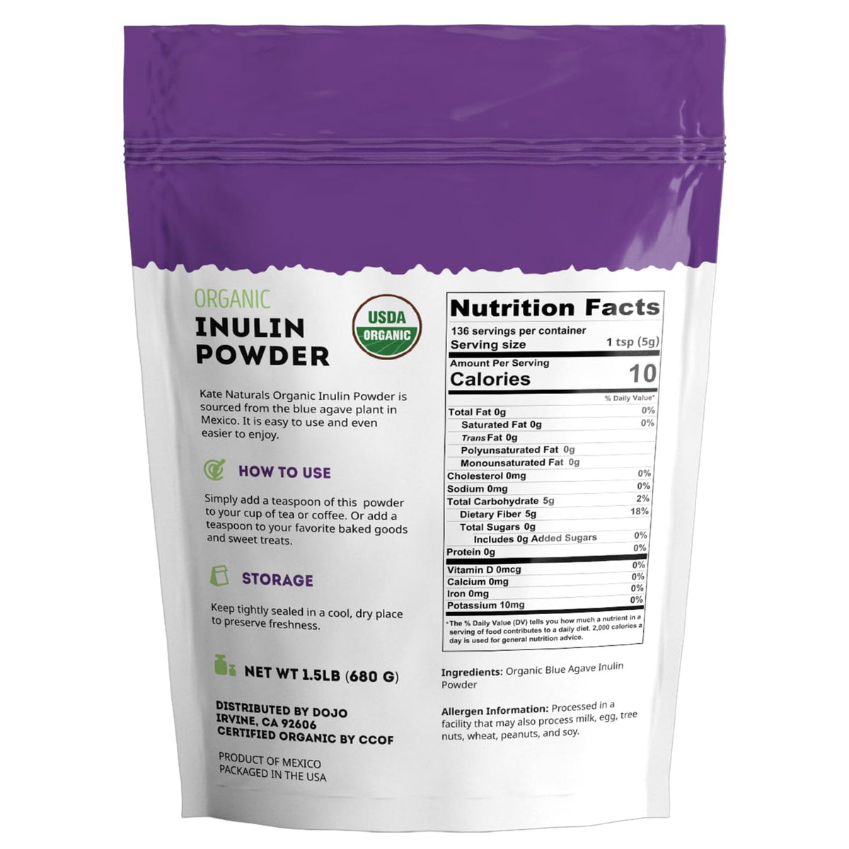 Emballage de la poudre d'inuline bio Kate Naturals