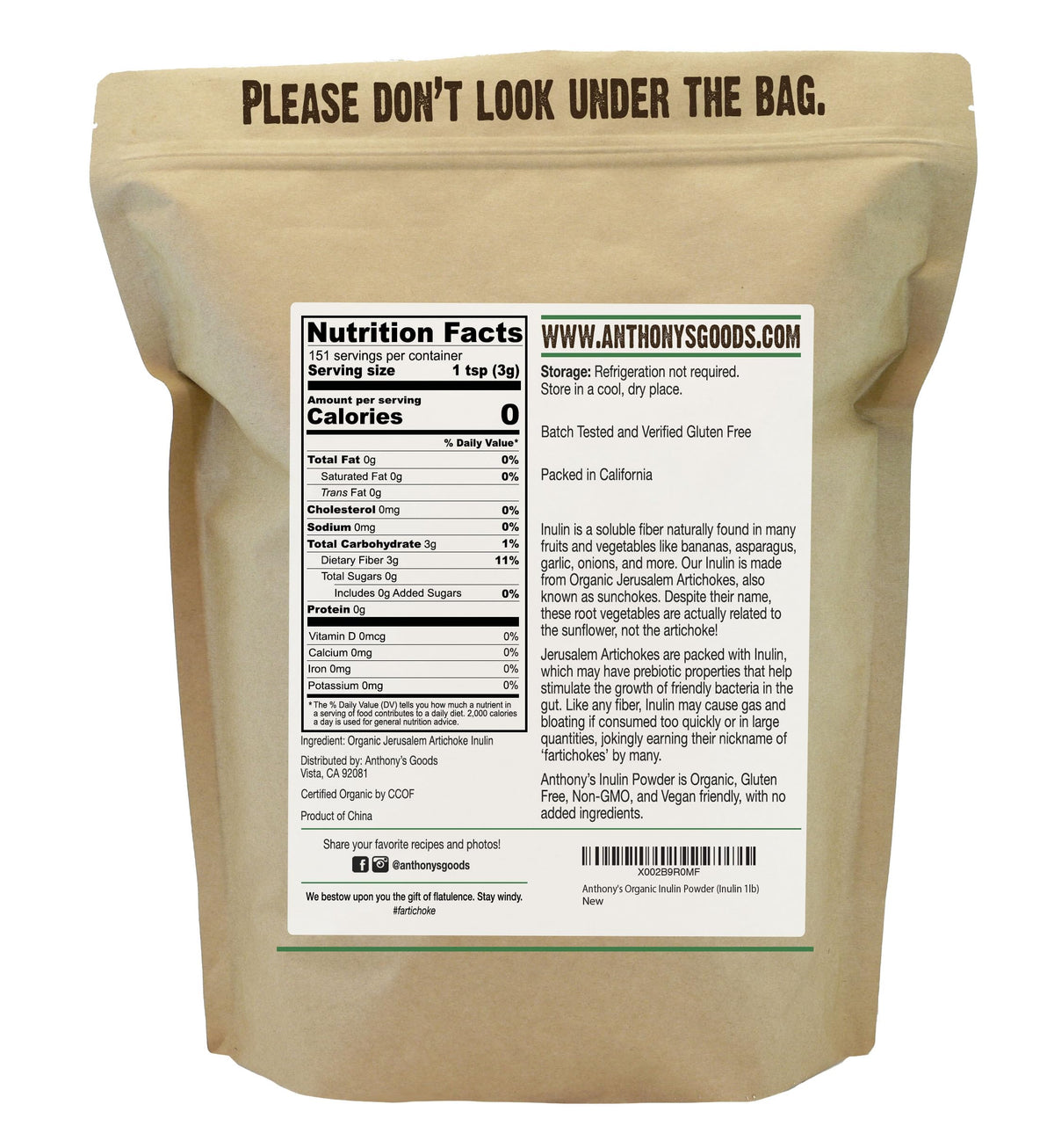 Emballage de la poudre d'inuline biologique Anthony's 465g