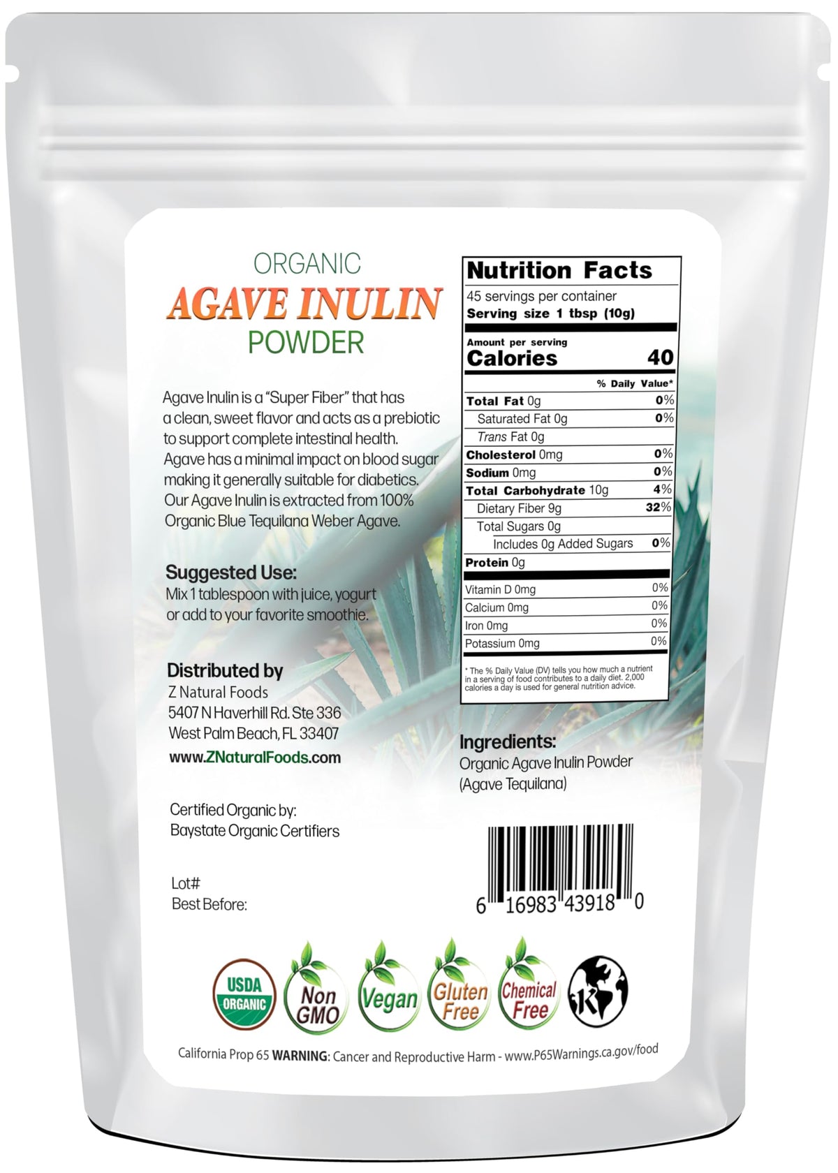Emballage de la Poudre d'Inuline d'Agave Bio Z Natural Foods