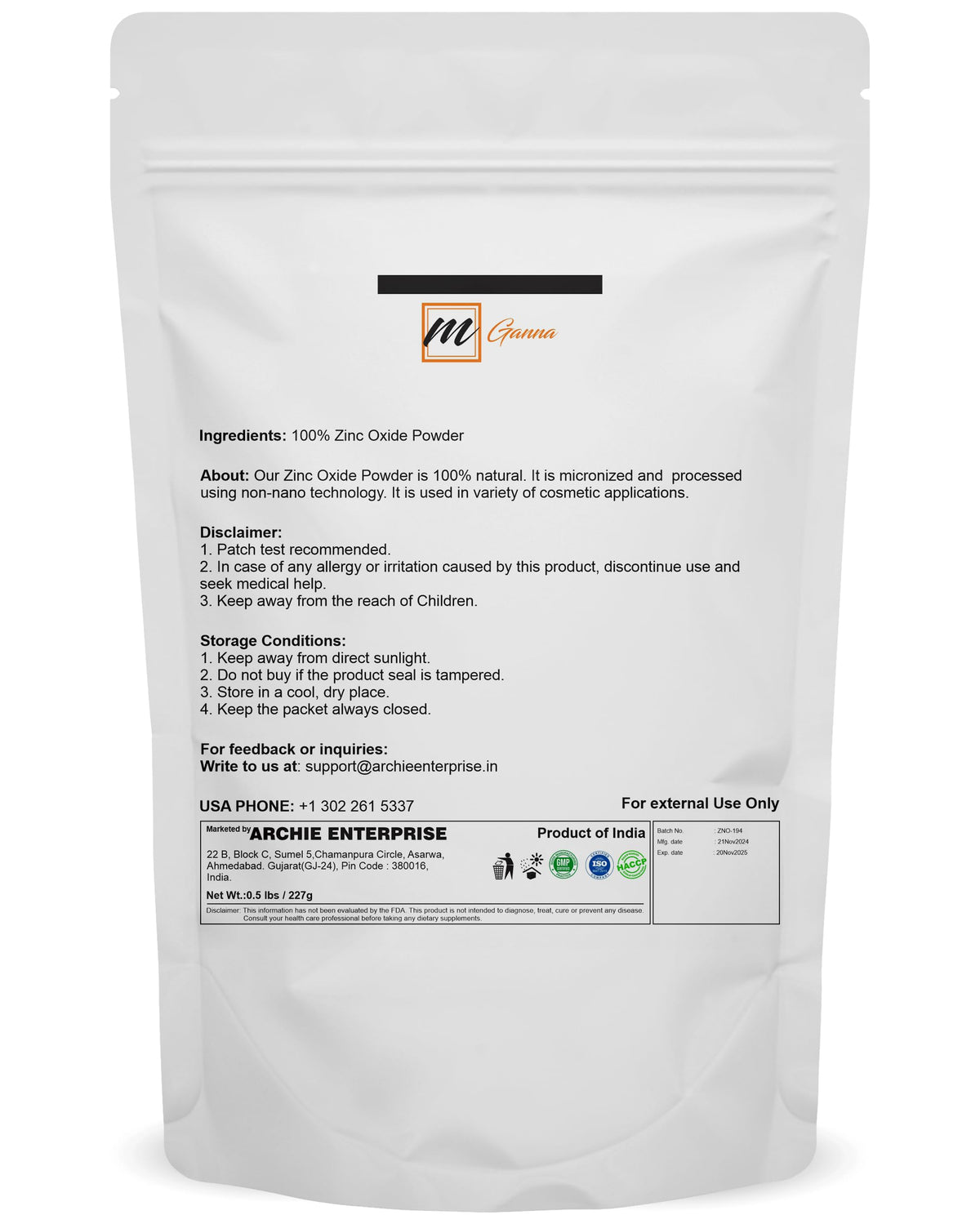 Emballage de la poudre d'oxyde de zinc mGanna 240g