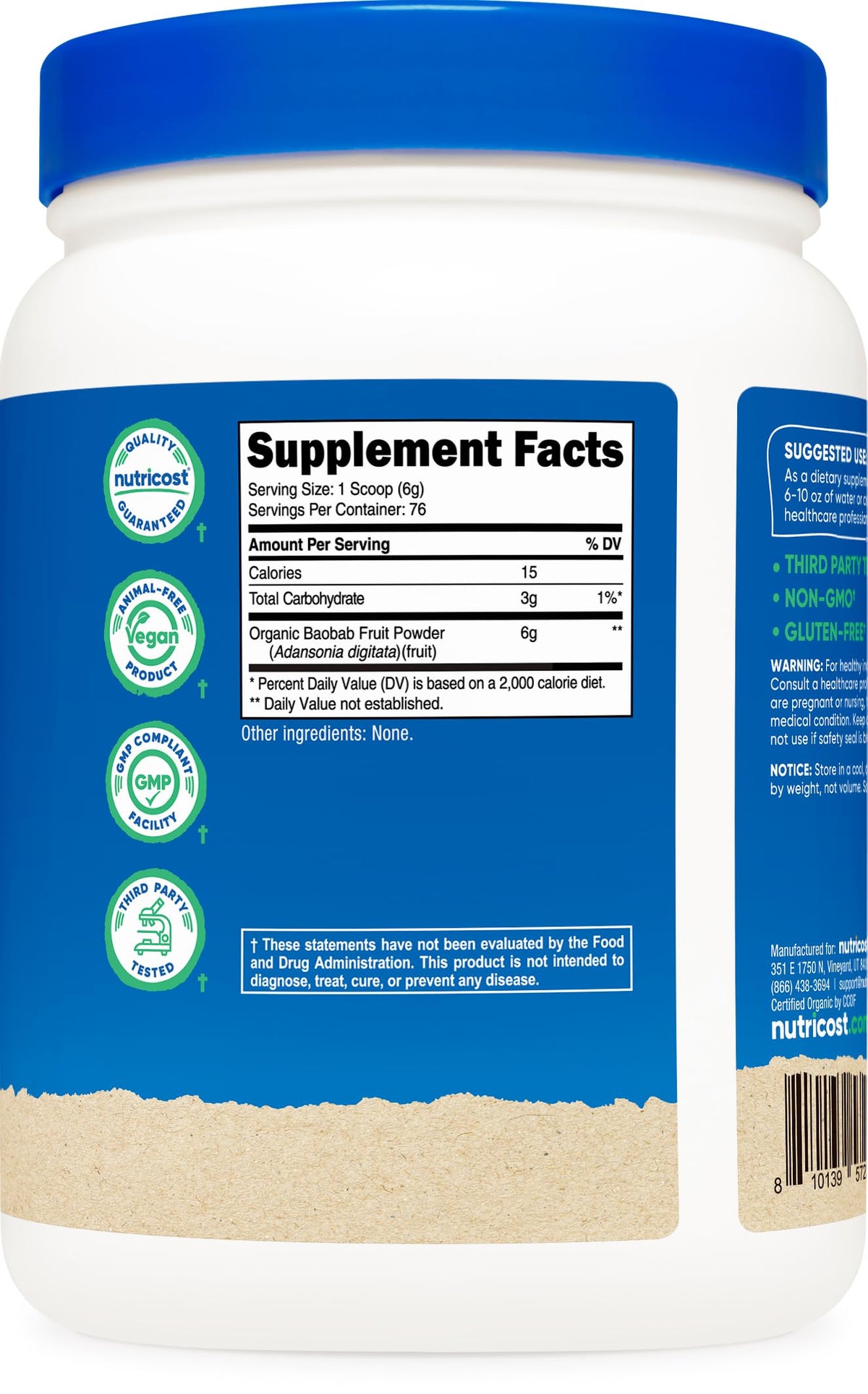 Emballage de la poudre de baobab bio Nutricost sur une table