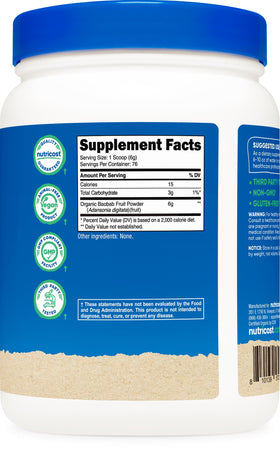 Emballage de la poudre de baobab bio Nutricost sur une table