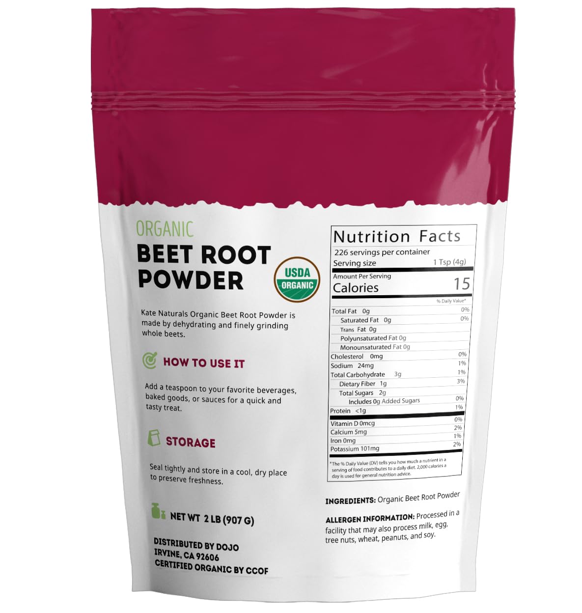 Emballage de la poudre de betterave bio Kate Naturals avec dimensions