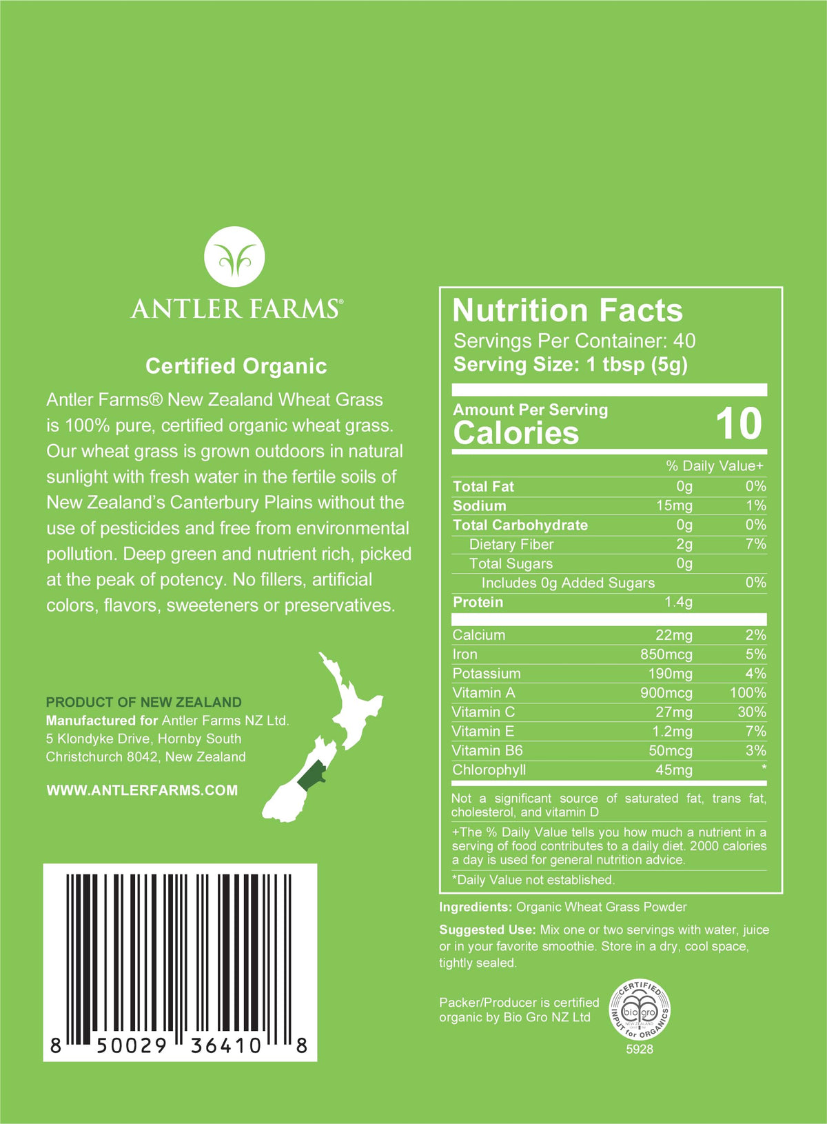 Emballage de la poudre de blé vert bio Antler Farms