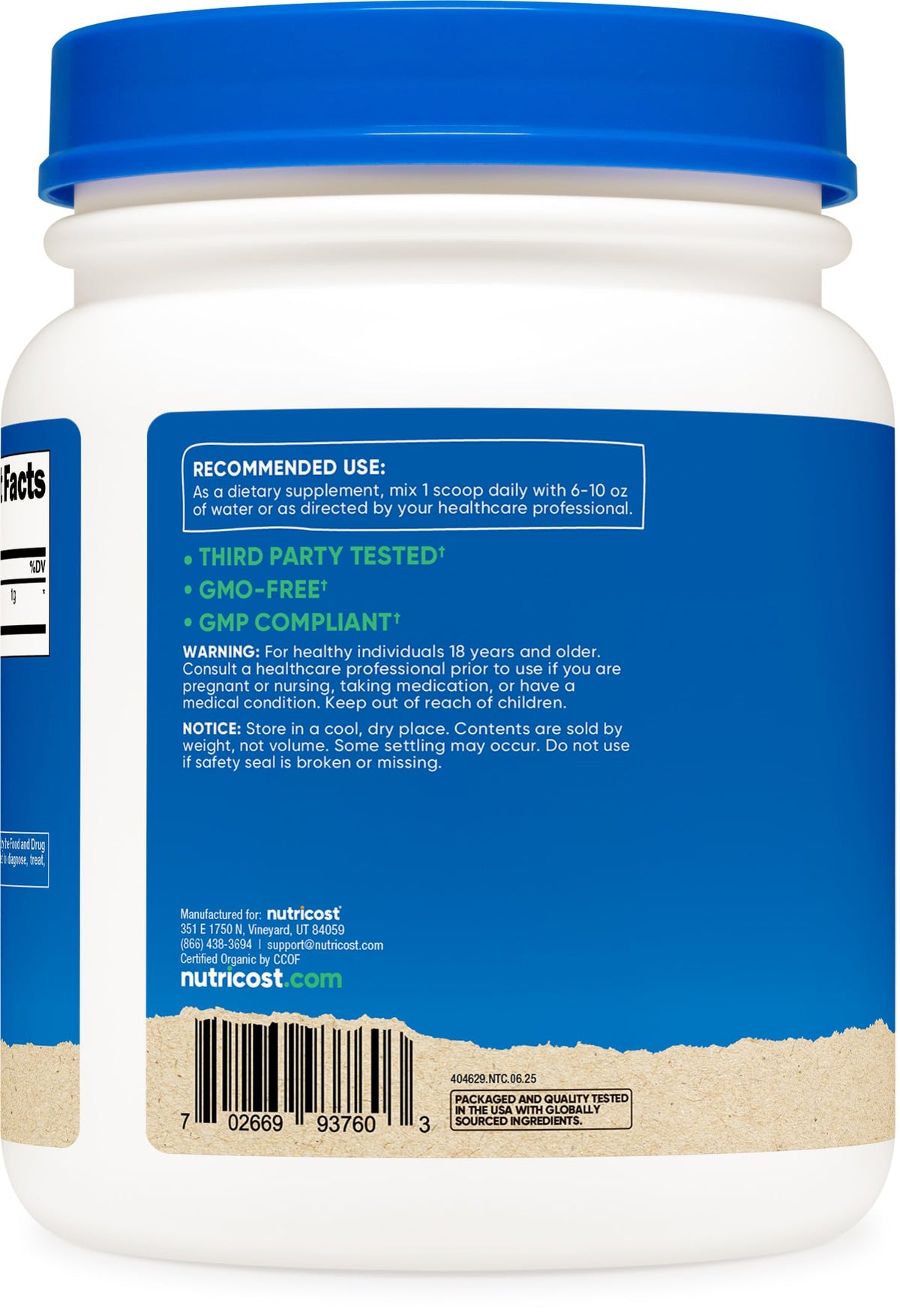 Emballage de la poudre de blé vert bio Nutricost
