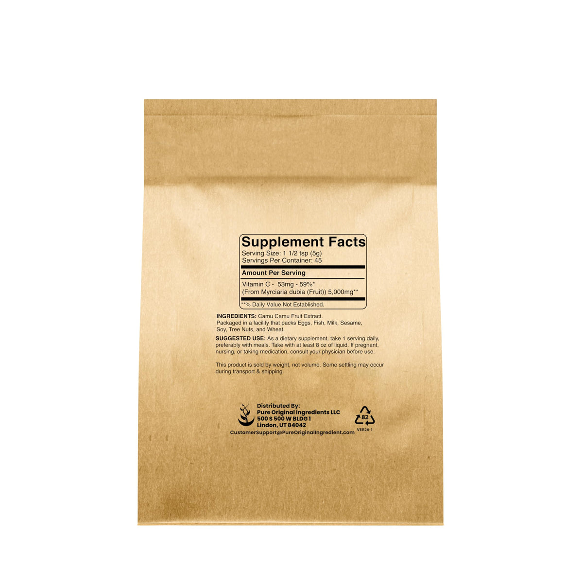 Emballage de la Poudre de Camu Camu PURE ORIGINAL INGREDIENTS