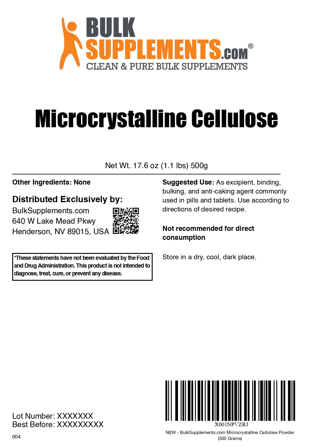 Emballage de la poudre de cellulose microcristalline BulkSupplements