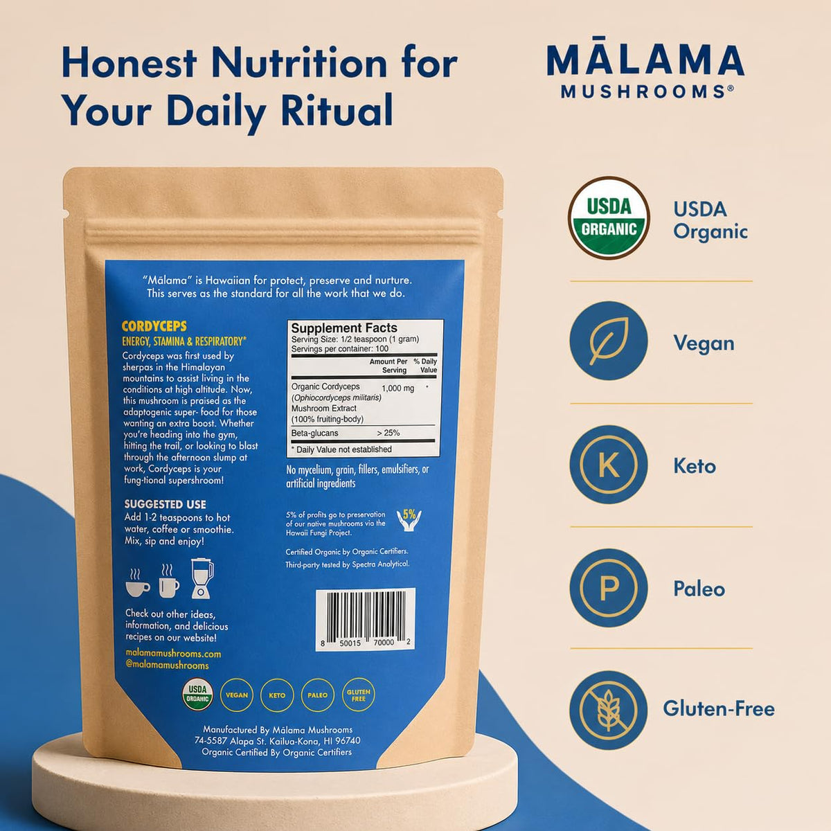 Emballage de la poudre de champignon Cordyceps bio Malama Mushrooms