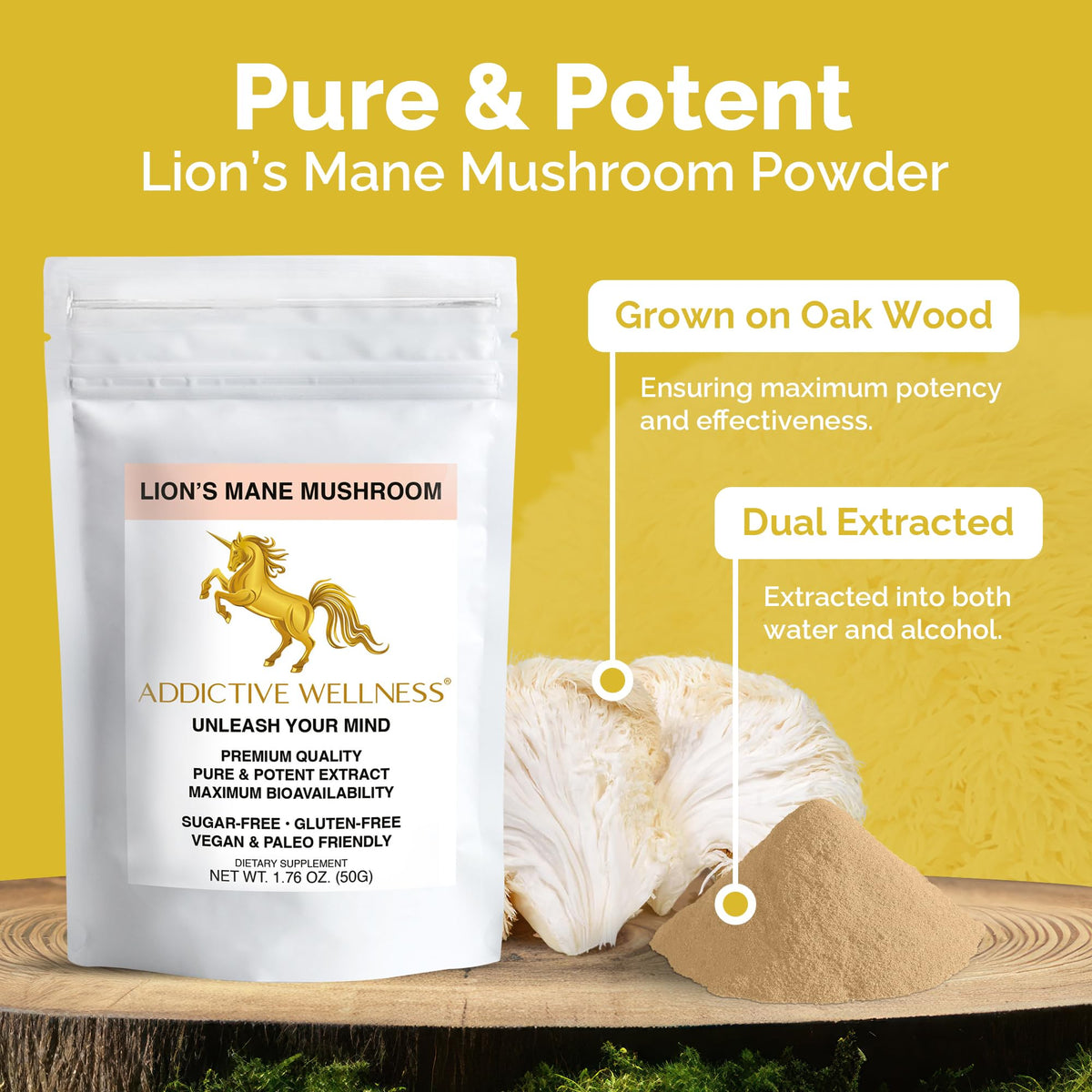 Emballage de la poudre de champignon Lion's Mane 1500 mg d'Addictive Wellness
