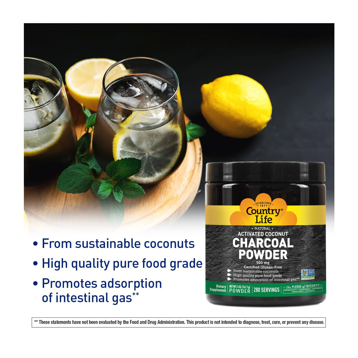 Emballage de la poudre de charbon actif de noix de coco Country Life
