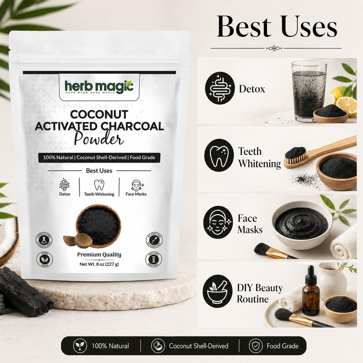 Emballage de la poudre de charbon actif Herb Magic