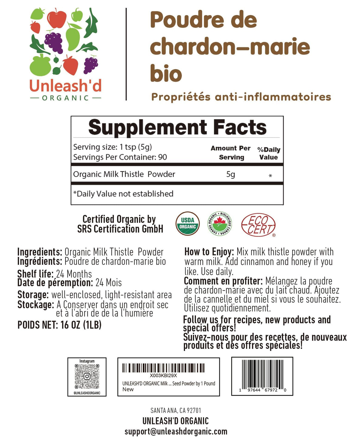 Emballage de la poudre de chardon-marie bio 'D ORGANIC 471g