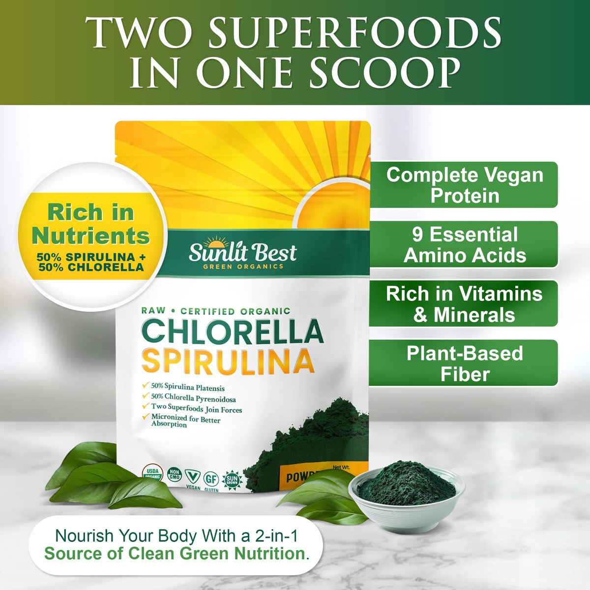 Emballage de la poudre de chlorelle et spiruline Sunlit Best