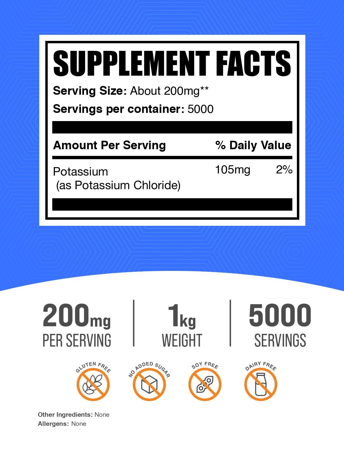 Emballage de la poudre de chlorure de potassium BulkSupplements