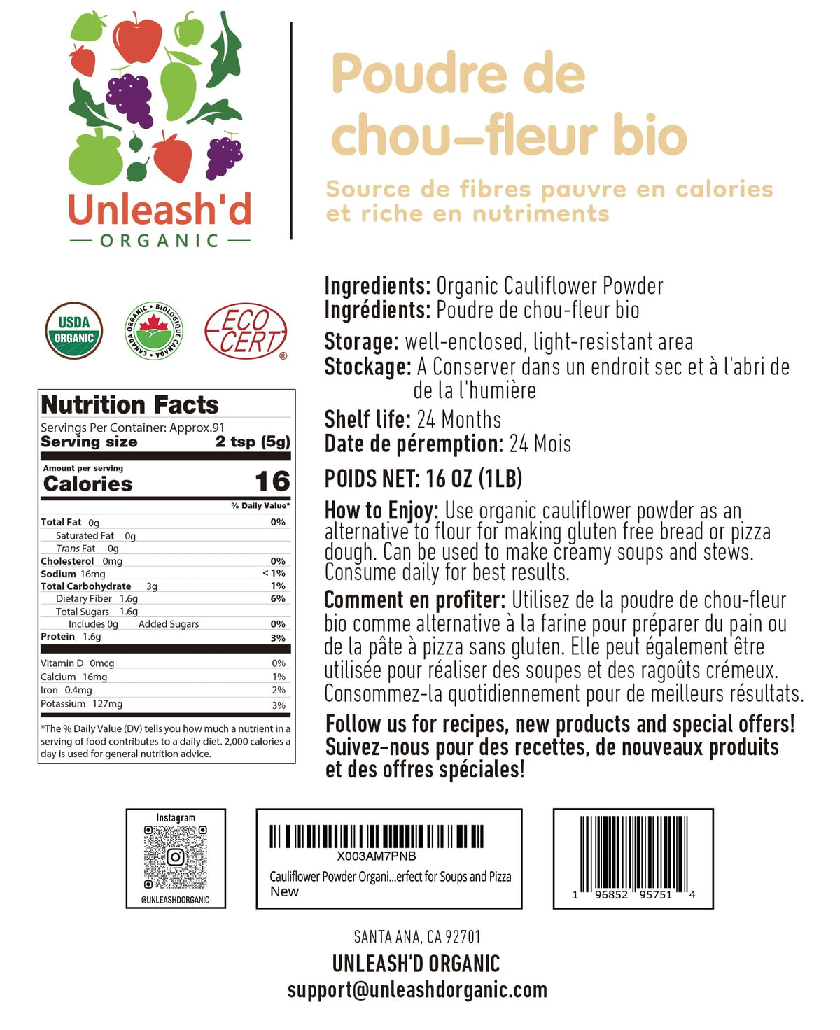 Emballage de la poudre de chou-fleur bio 'D ORGANIC