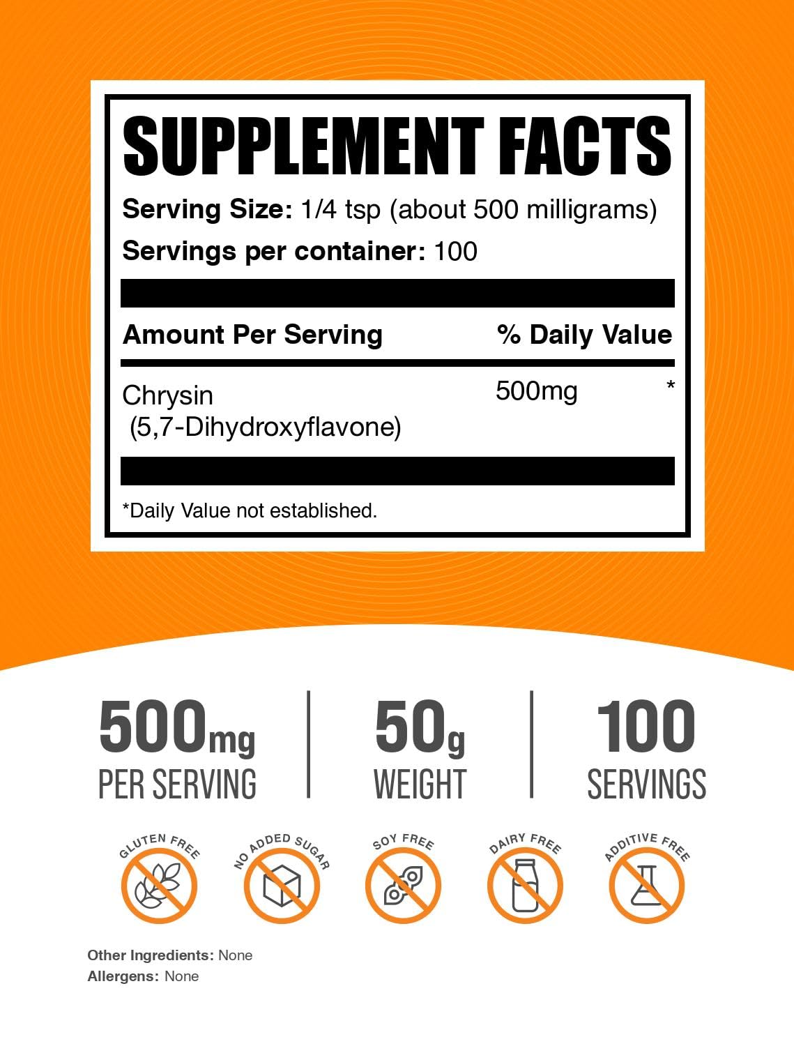 Emballage de la Poudre de Chrysin BulkSupplements 500mg