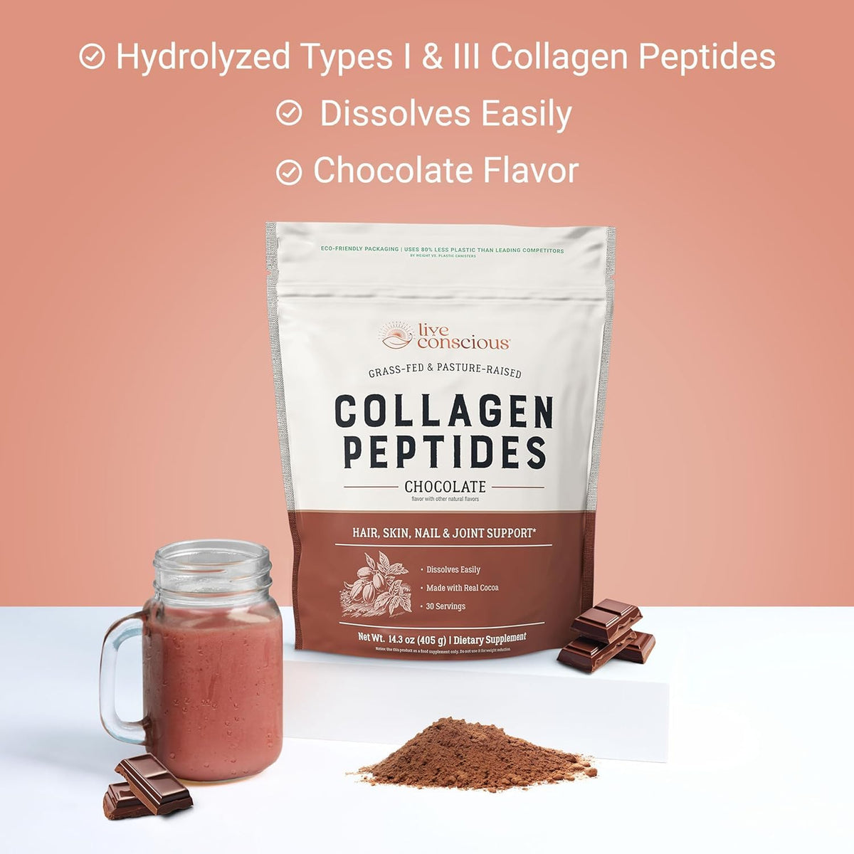 Emballage de la poudre de collagène chocolat Live Conscious