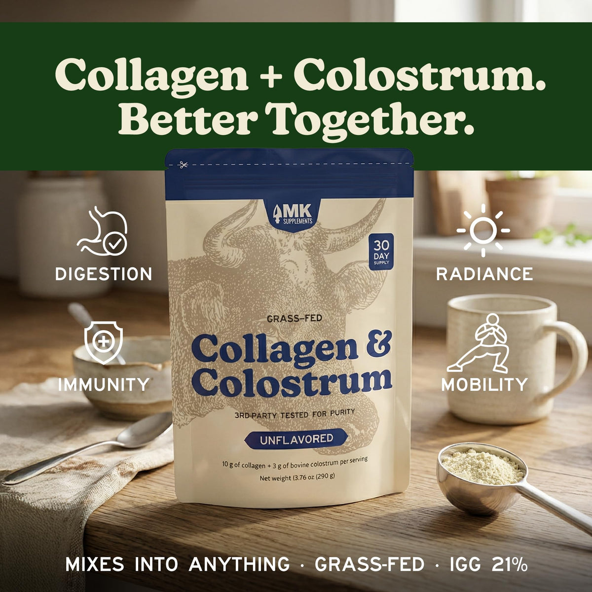 Emballage de la poudre de collagène et colostrum MK Supplements
