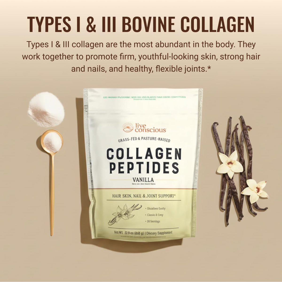 Emballage de la Poudre de Collagène Peptides Saveur Vanille Live Conscious