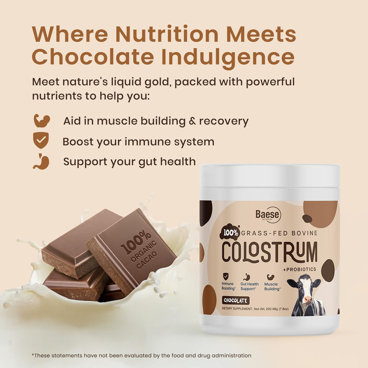 Emballage de la poudre de colostrum Baese Nutrition 4000mg au chocolat
