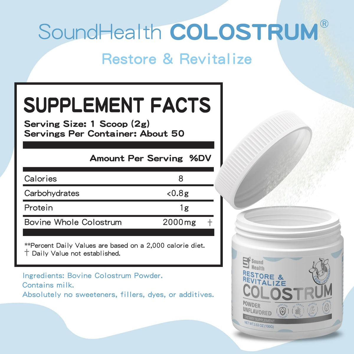Emballage de la poudre de colostrum bovin bio Sound Health Supplements
