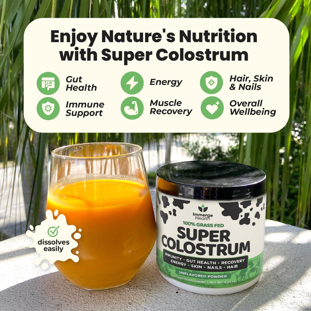 Emballage de la poudre de colostrum Immerge Health