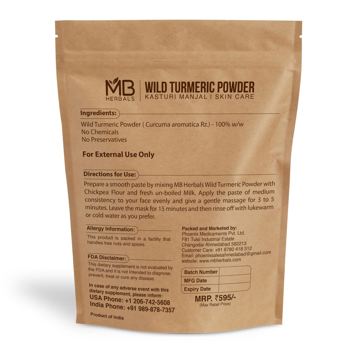 Emballage de la Poudre de Curcuma Sauvage MB Herbals 472g