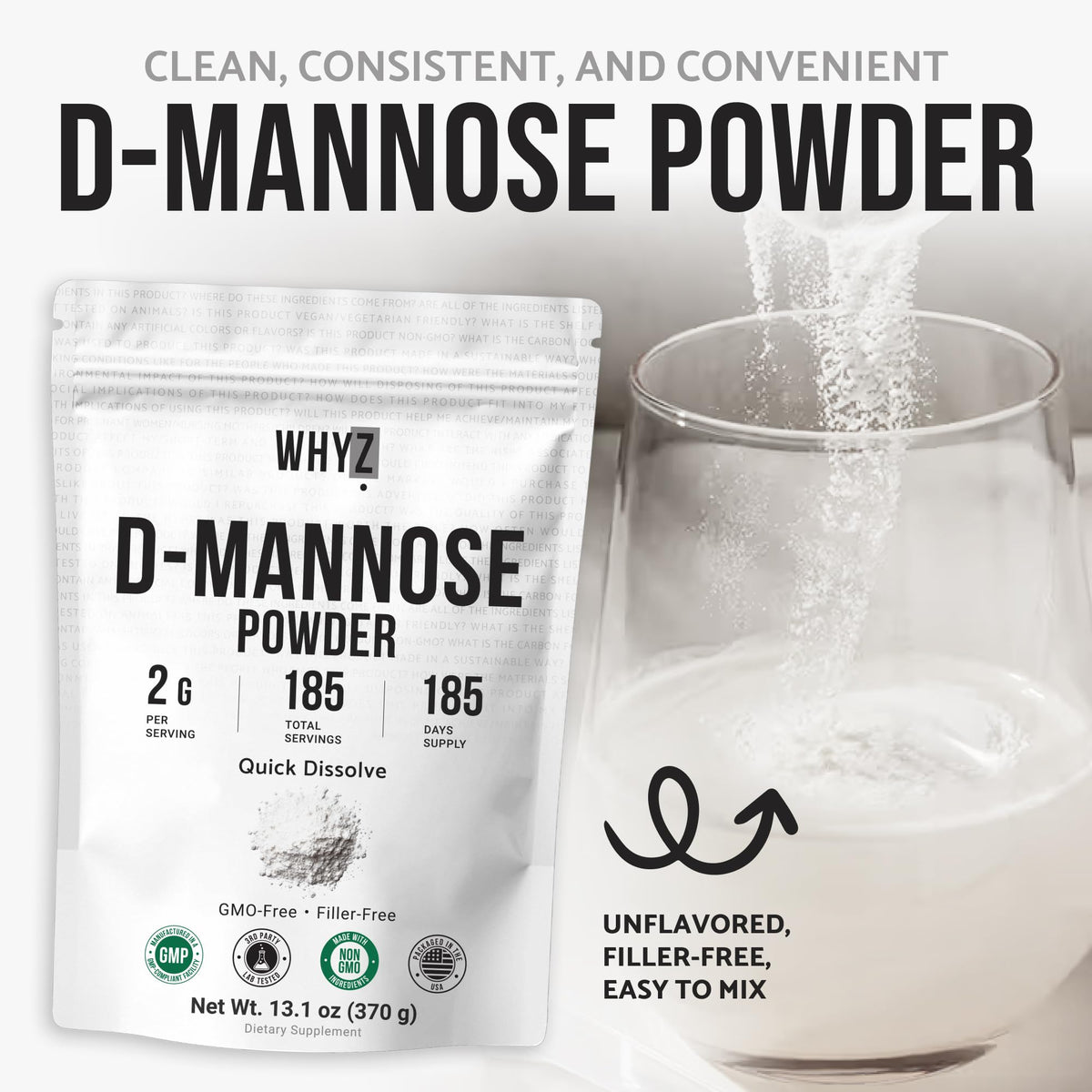 Emballage de la poudre de D-Mannose WHYZ avec informations nutritionnelles