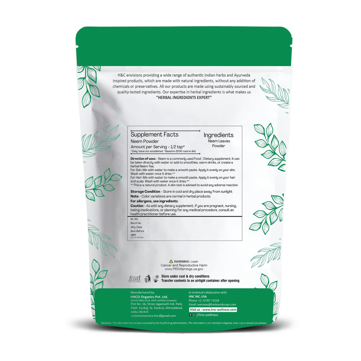 Emballage de la poudre de feuilles de neem H&C 249g