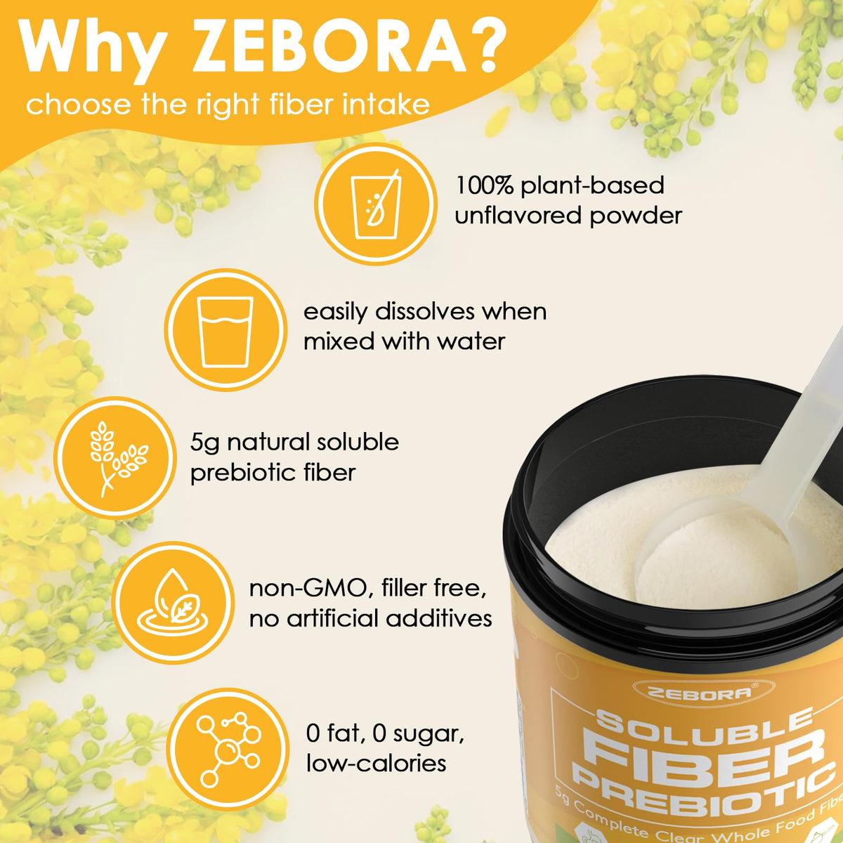 Emballage de la poudre de fibre ZEBORA avec informations nutritionnelles
