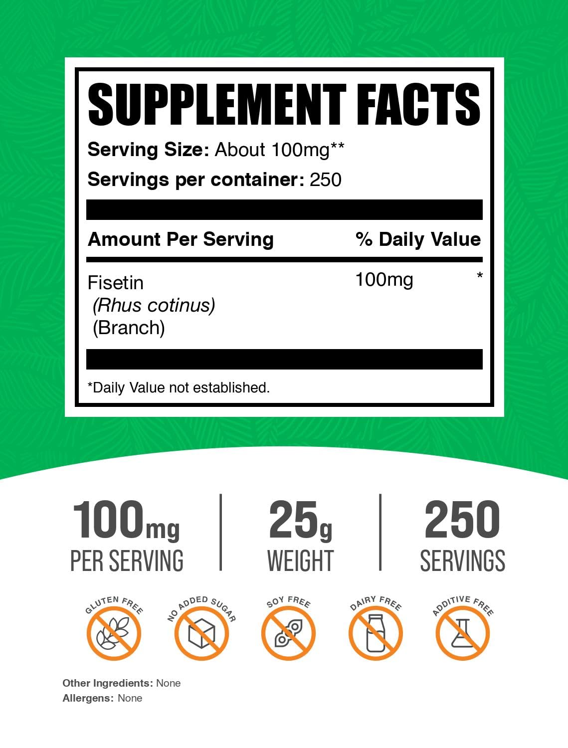 Emballage de la poudre de Fisetin 100mg, informations nutritionnelles au dos