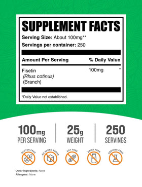 Emballage de la poudre de Fisetin 100mg, informations nutritionnelles au dos
