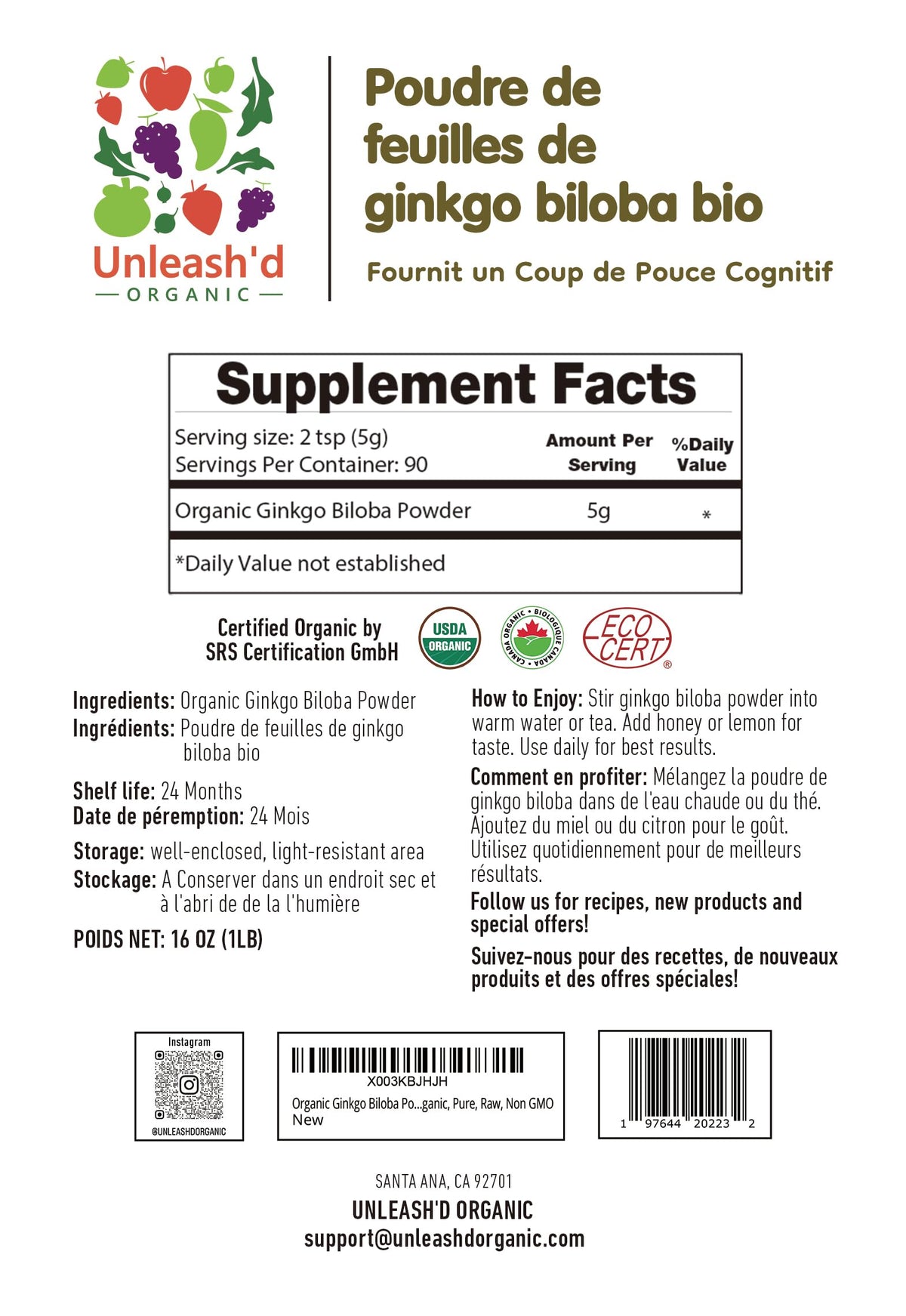 Emballage de la poudre de Ginkgo Biloba 'D ORGANIC