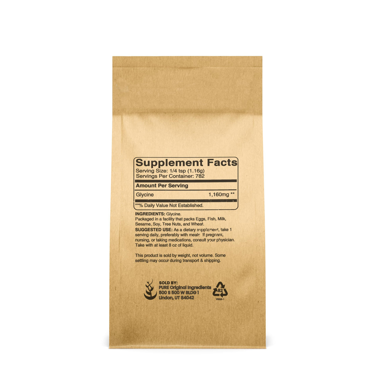 Emballage de la poudre de glycine PURE ORIGINAL INGREDIENTS vue de côté